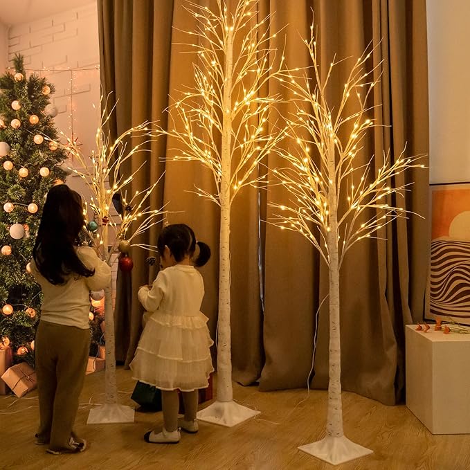 Garsing Lighted Birch Tree Set of 5ft, 6ft and 8ft, Lights Artificial Christmas Tree for Home, Festival, Party and Holiday Decoration, Indoor and Outdoor Use (3 Pack, Warm White)