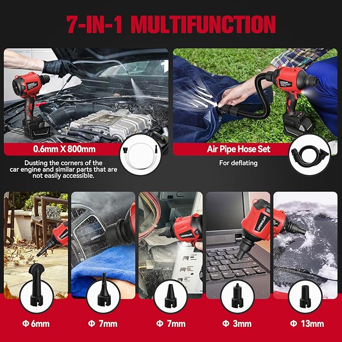 LIVOWALNY Cordless Air Pump Dust Blower Compatible with Milwaukee 18V Battery, Brushless Air Duster Compressed Air Mattress Pump w/ 3 Speeds & 7 Nozzles & 447 MPH/39 CFM for Workshop Cleaning