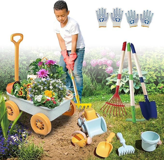 Mostop Kids Gardening Tools Set, Gardening Set for Kids, Outdoor Backyard Farm Digging Toys with Wheelbarrow, Metal Shovel, Rake, Leaf Rake, Outside Garden Wagon Toys Birthday Gifts for Boys Girls 4-8
