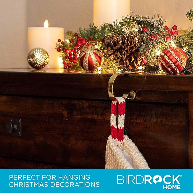 BIRDROCK HOME Christmas Stocking Mantel Hooks - Metal Fireplace Hanger with Non-Slip Pads - Holds Up to 10 lbs - Ideal for Hanging Stockings, Garland & Holiday Decor - 4 Pack, Scroll Design (Gold)