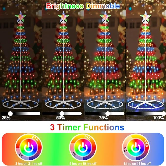Forlivese 204LED Outdoor Solar Christmas Tree Lights, 5FT Lighted Artificial Cone Tree with Remote, 8 Modes, USB Charge, Timer & Waterproof Christmas Tree Decor for Garden Yard Patio, Multicolor