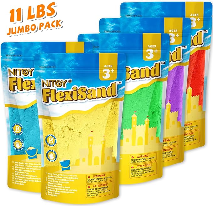 FlexiSand Value Pack 11lbs of 5 Colored Moldable Self-Sticking Sand,Never Dries Out - Fun for Kids Bulk Refill for Sensory Sand Box Toys,Ideal for Shaping,Squeezing,Scooping,Rolling and Molding