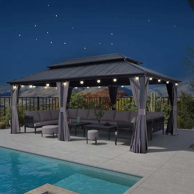 PURPLE LEAF 12'x20' Hardtop Gazebo with Lights Outdoor Pavilion Waterproof Double Roof Galvanized Steel for Patio and Garden Includes Netting and Curtains Grey