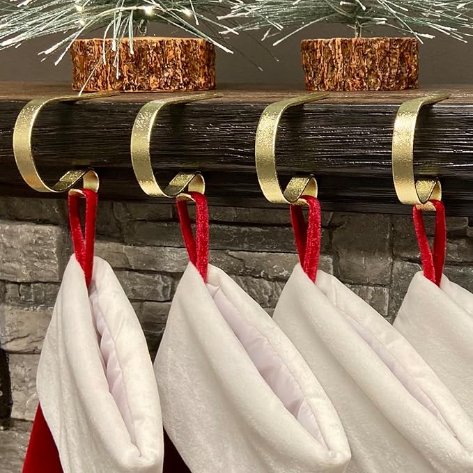 Haute Decor The Original MantleClip Stocking Holder - 4 Pack (Glimmer Gold) - Hang Christmas Stockings Safely and Securely