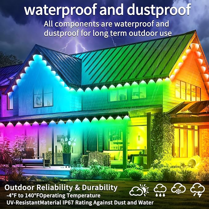 400ft Permanent Outdoor Light, RGB Smart Outdoor eave Lights with APP & Remote Control,timed Music synchronisation IP67 Waterproof LED eave Light,Suitable for Party,Halloween,Christmas,Rooftop,Garden