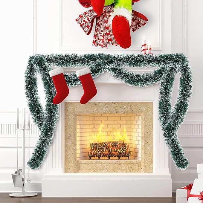 50 Ft Green Christmas Tinsel Garland Metallic Twist Shiny Hanging Garland Decorations for Christmas Tree, Xmas Decor for Holiday Home Party Supplies Indoor Outdoor Decoration