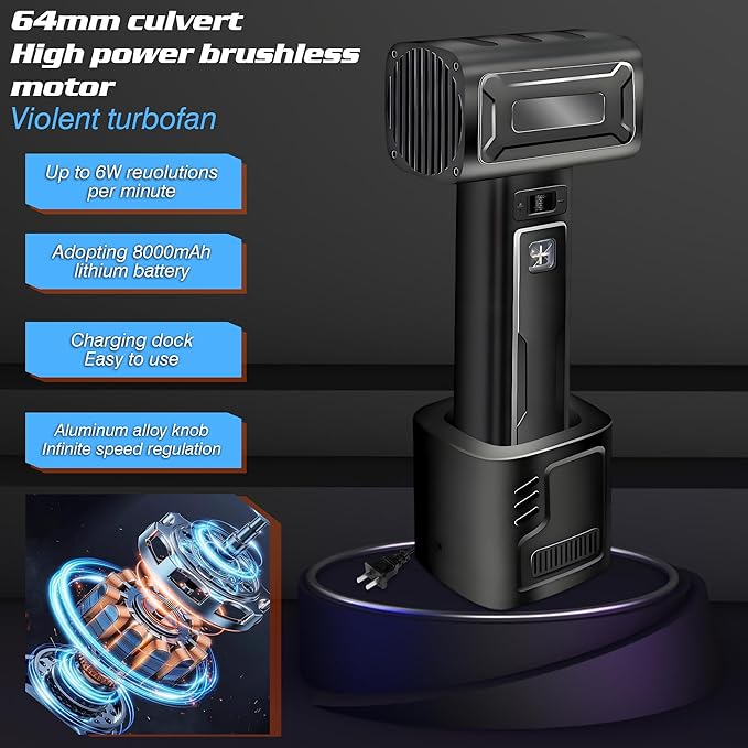 SELFIE CAT 60000RPM Cordless Turbo Dryer Blower for Car, 750W & 64MM Duct Handheld Leaf Blower with Battery, 2.09LB Lightweight Leaf Blowers for Indoor Outdoor Sweeping Patio Lawn Careand Car Drying