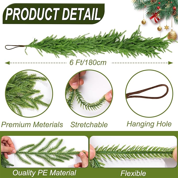 6 FT Christmas Norfolk Pine Garland Real Touch Artificial Faux Greenery Pine Christmas Garland Decorations for Home Mantle Table Stairs Door Fireplace Indoor Outdoor Xmas Holiday Decor