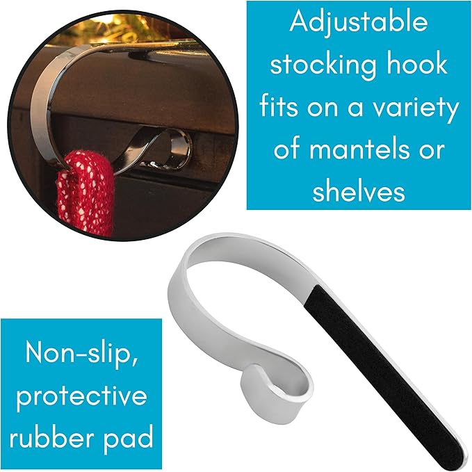 BIRDROCK HOME Christmas Stocking Mantel Hooks - Metal Fireplace Hanger with Non-Slip Pads - Holds Up to 10 lbs - Ideal for Hanging Stockings & Holiday Decor - 4 Pack, Mantel Hooks (Royal Silver)