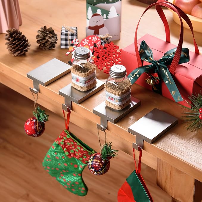 4 Pcs Christmas Stocking Holders Hanging Hooks Heavy Duty Mantel Stocking Holder Bases Weighted Metal Stocking Hangers for Shelf Fireplace Stair Xmas Party Decor (4, Silver)