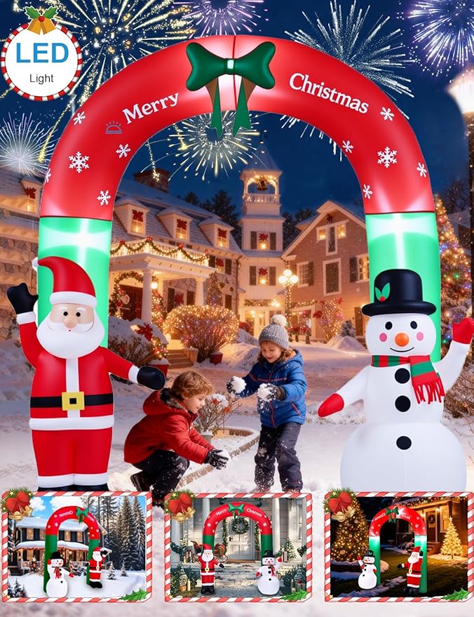 8FT Christmas Inflatables Outdoor Decorations,Inflatable Santa Claus and Snowman Arch Build-in LED Light-Christmas Blow Up Yard Decorations for Indoor/Outdoor Holiday Garden Lawn Yard Patio