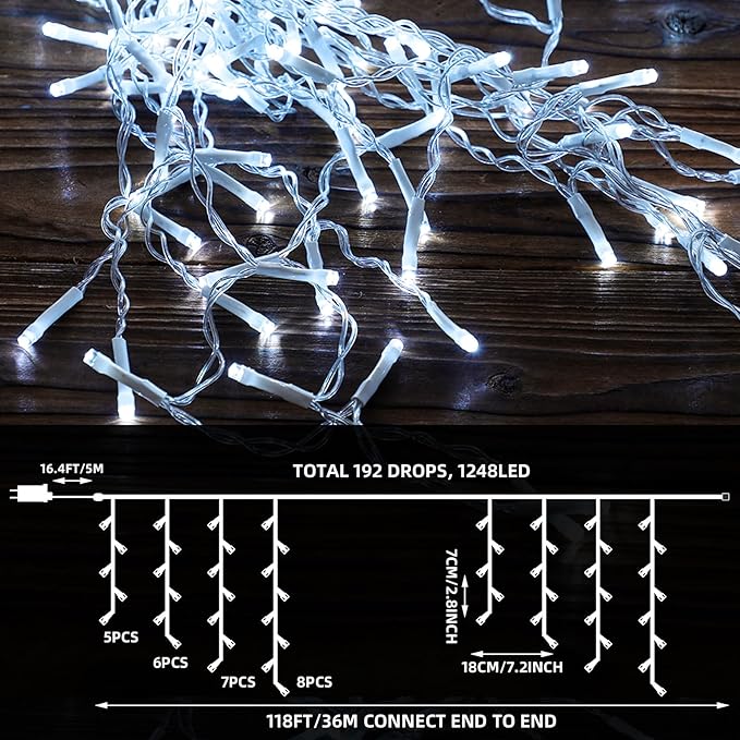 118 ft 1248 LED Christmas Outdoor Icicle Lights LED Fairy String Hanging Lights Waterproof with 8 Modes Timer for Christmas Decorations Wedding Holiday Party Roof Yard, White