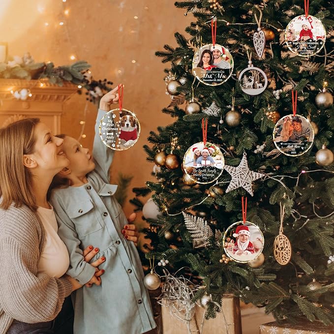 Personalized Crystal Ornament - Custom Photo Christmas Ornament with Text & Date, Customizable Holiday Keepsake Gift for Family, Mom, Dad, Couple, Friends - Elegant Christmas Tree Decoration