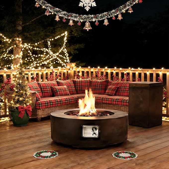 ECOTOUGE 2-Piece Gas Fire Pit, Outdoor Propane Firepit Table Set w/Tank Cover, 30''Auto-Ignition Round Steel Fire Table, 50,000 BTU Concrete fire Pit w/Weather-Resistant Pit Cover, Lava Rocks, Brown