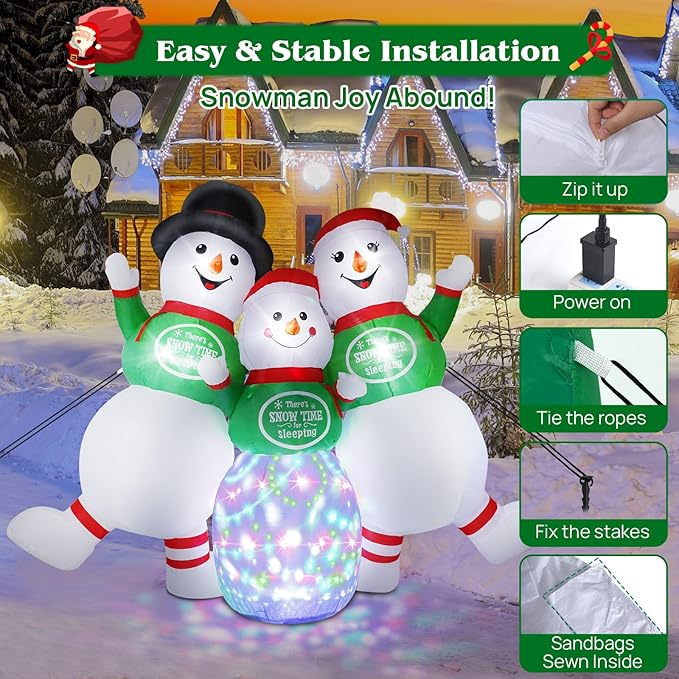 6.5FT Christmas Inflatable Snowman Decorations - Blow Up Christmas Outdoor Snowman Family with Rotating Colorful LED Light & Top Hat, Xmas Inflatable Decor for Yard Lawn Garden Holiday Party