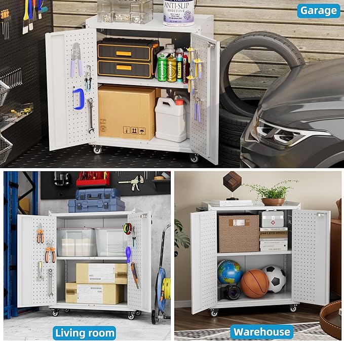 Aobabo Metal Garage Storage Cabinet on Wheels,2 Doors Storage Cabinet with Wheels for Garage,Assembly Required,White