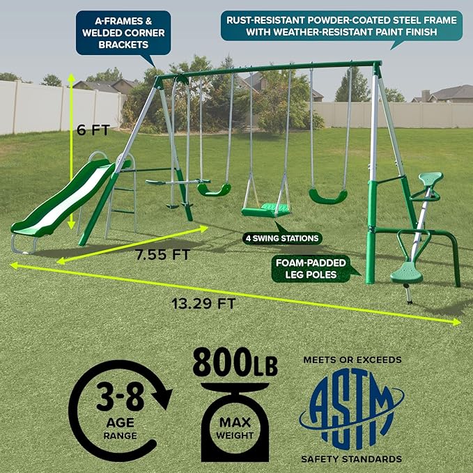 Sportspower Park Ridge Metal Swing Set for Kids Ages 3-8 – 2 Swings, Standing Swing, Roman Glider, Teeter Totter, 5ft Slide, 6.1' Durable Steel Frame, Anchor Kit, 800 lbs Capacity