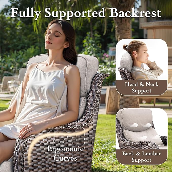 Luxury Outdoor Swivel Rocker Patio Chairs Set of 2, High Back Swivel Patio Chairs with 6-Inch Thick Cushions, Wicker Outdoor Chair for Porch, Patio, Yard, Deck, Poolside, Brown/Beige