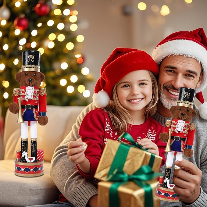 Christmas Nutcracker Decorations Nutcracker Figure 15 Inch Wooden Nutcrackers Teddy Bear Nutcracker Soldier for Table Desktop Home Christmas Decor Xmas Indoor Decor Bear