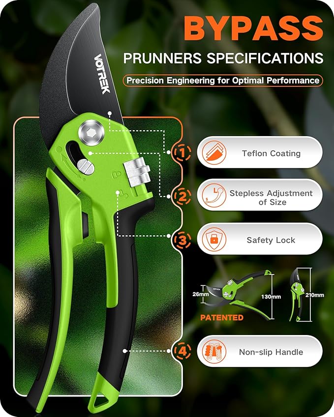Pruning Shears for Gardening - 8.5 Garden Clippers with SK5 Blade, Stepless Adjustable Handle for All Hand, Ergonomic Bypass Plant Pruners Scissors for Heavy Duty Branch Bush Rose Tool