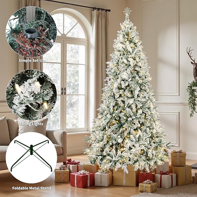 HOTEAGLE 7.5FT Prelit Artificial Christmas Tree, Snow - Dusted Pencil Tree with 400 UL Listed Multicolored Lights for Indoor Home & Office Christmas Decoration (50 * 50 * 90in)