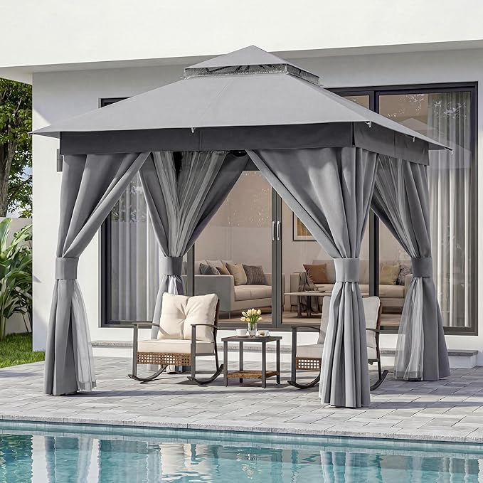 LAUSAINT HOME 8x8ft Outdoor Patio Gazebo with Double Roof, Heavy Duty Waterproof Gazebo Canopy Tent with Mosquito Netting for Backyard, Garden, Lawn & Wedding, Grey