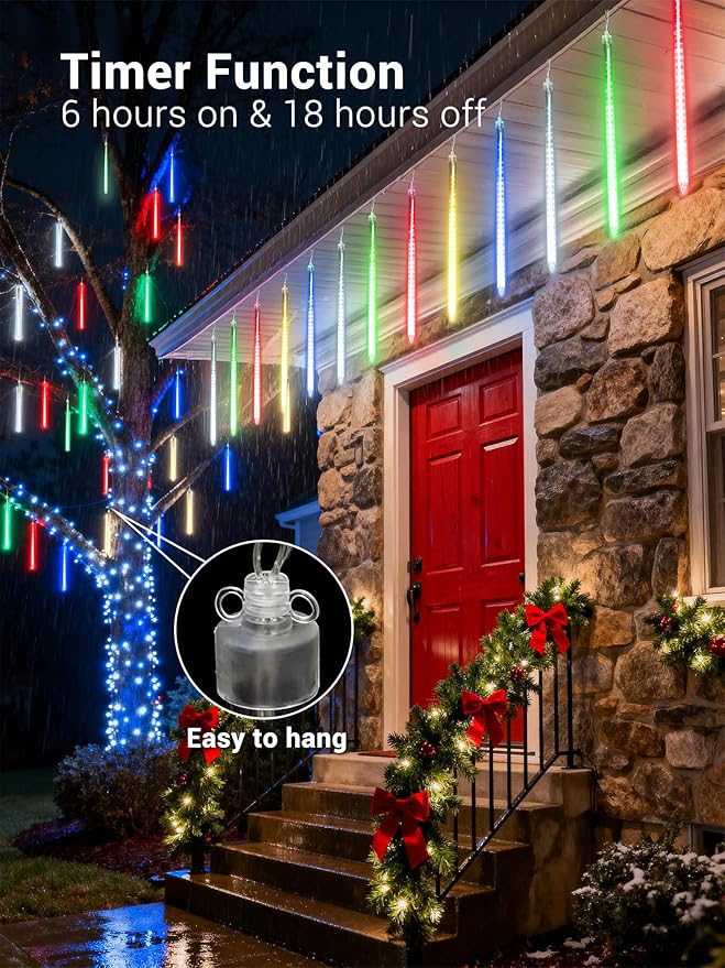 Flacchi Meteor Shower Icicle Lights - 5 Tubes 20" Each 270 LED Cascading Raindrop Lights, Timer Outdoor Waterproof Christmas Decorations for Holiday Party(5 in 1 Multi-Colored)
