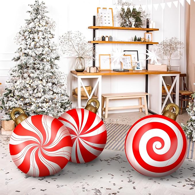 Jetec 4 Pcs Giant Inflatable Christmas Ball Large Xmas Inflatable Ornaments PVC Outdoor Holiday Blow Ball Outside Yard Lawn Porch Decorations (Candy,Red,White)