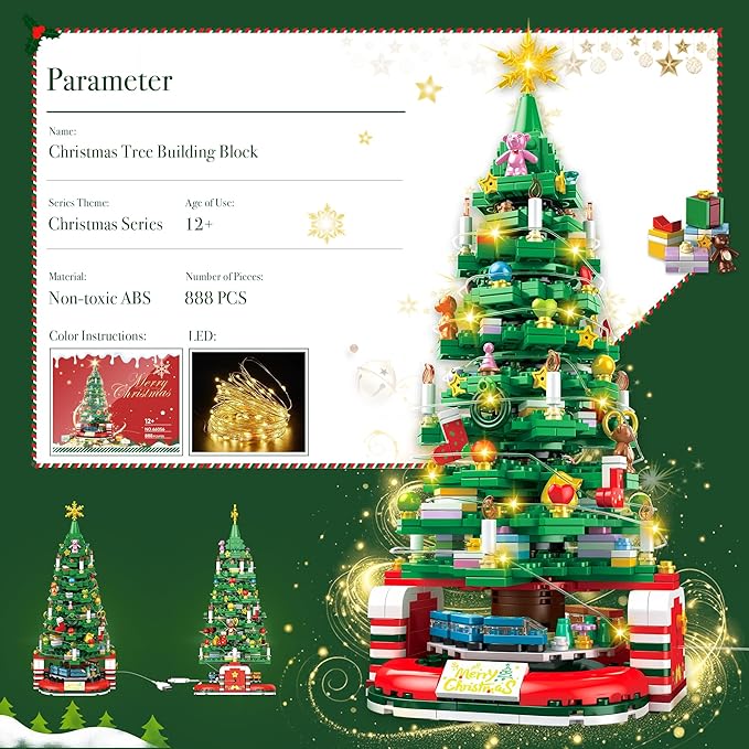 Christmas Tree Building Set for Kids, Christmas Tree 2025 Collectible Holiday Building Block Home Decor, Ornaments for Boys, Girls and Adults, 888Pcs, Deep Green