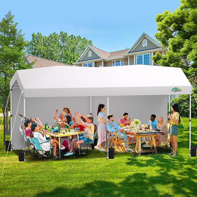 COBIZI 10x20 Pop Up Canopy with One Button Push Center Lock,Ez Up Portable Carport with 2 sidewalls,Waterproof UV50+ Outdoor Party Commercial Carport Canopy Gazebos with Carry Bag(10 x 20 ft White)