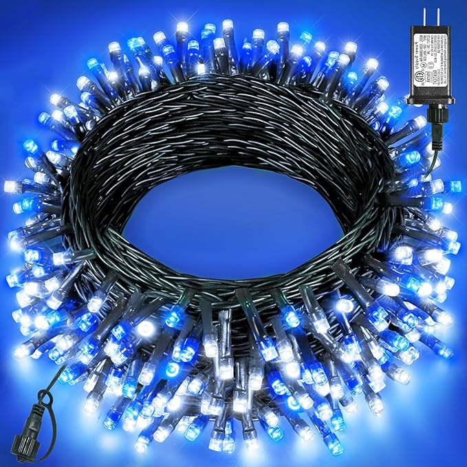 40FT 120 LED Christmas Lights Outdoor, Blue White Christmas String Lights Waterproof, 8 Modes & Timer, Connectable Christmas Tree Lights for Indoor Garden Yard Party Decorations
