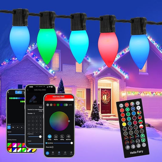 C9 Christmas Lights Outdoor, 66FT 100 LED RGB Color Smooth Changing Bulbs,App Bluetooth Music Sync, DIY Scenes & Timers, IP44 Waterproof Roofline Eaves Porch Fence Decorations