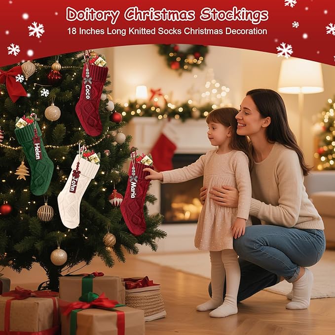 Christmas Stockings 18 Inches,Long Knitted Stocking with Name Tags, Christmas Decoration Hanging Stockings Fireplace Xmas Tree Ornaments for Home Family