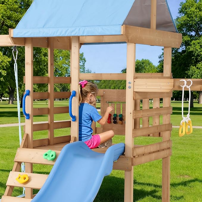 Spruce Wood Swing Set with Wave Slide, Belt Swings, Play Deck, Rock Wall Ladder, Pull up Rings and Puzzle Chess Board, Canopy Roof Outdoor Playset for Backyard
