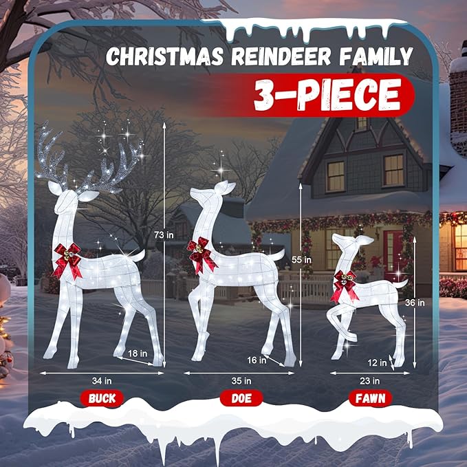 72Inch Light Up Reindeer Outdoor Christmas, 3-Piece 3D Lighted Christmas Deer Family Set with 240 LED Cool White Lights for Yard Patio Lawn Garden Party, White