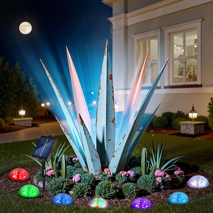 24” Large Solar Metal Agave Plants Outdoor Decor, Tequila Rustic Sculpture Outdoor Statues, Garden Sculpture for Patio Path Courtyard and Lawn (Vintage Blue-Solar Light)