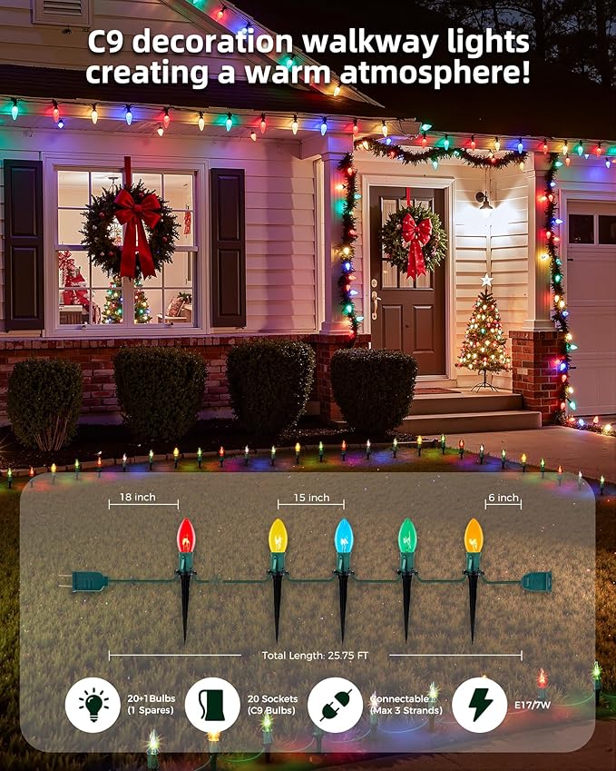 Christmas Pathway Lights Outdoor, 25.7 Feet C9 Lights with 20 Multicolor Bulbs and Stakes, Connectable Outdoor Christmas Decorations Outside Yard Walkway Sidewalk Holiday