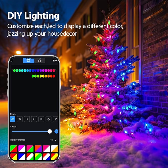 C9 Christmas Lights Outdoor, 66FT 100 LED RGB Color Smooth Changing Bulbs,App Bluetooth Music Sync, DIY Scenes & Timers, IP44 Waterproof Roofline Eaves Porch Fence Decorations