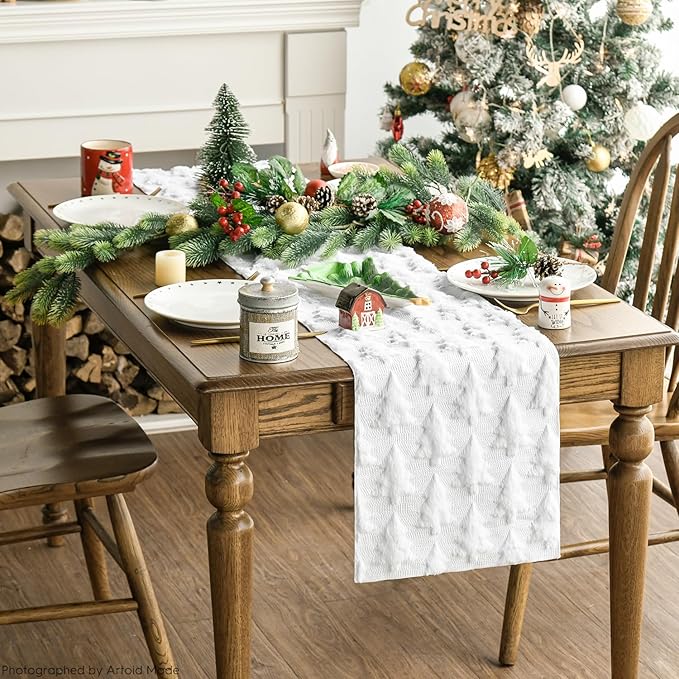 Artoid Mode Christmas Trees Soft Plush Faux Fur Jacquard Christmas Table Runner, Holiday Kitchen Dining Table Decoration for Home Party Decor 13x36 Inch