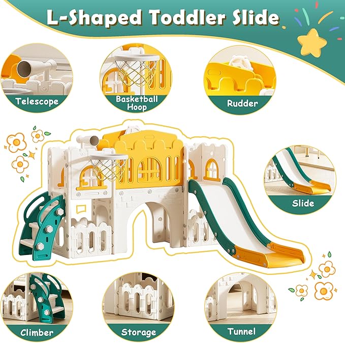 7 in 1 Toddler Slide,Kids Climber Slide with Storage Space and Non-Slip Steps, Toddler Playset with Basketball Hoopa and Telescope, Indoor Outdoor Playground for Toddlers