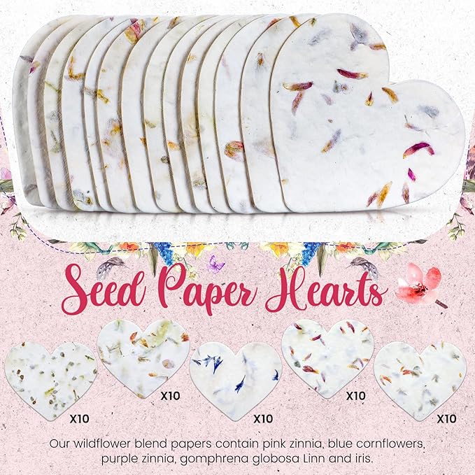 100 Pcs Handmade Seed Paper Plantable Wildflower Seed Paper Recycled Flower Petals Tags Wedding Favors for Guests Craft Gifts Cards for Envelope Birthday Party, 5 Styles (Heart/Butterfly)