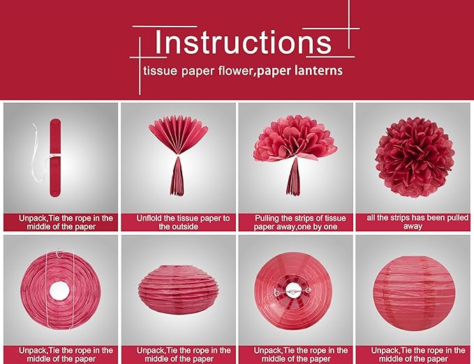 Red White Green Party Christmas-Decorations - 17pcs Tissue Paper Flowers Pom Poms Lanterns Birthday Banner 3D Christmas Tree Garland for Home Indoor Outdoor Hanging Decor