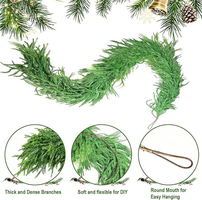 Christmas Garland 2pcs 6Ft Norfolk Pine Garlands for Mantle Decor, Artificial Greenery Garland for Fireplace, Table, Wall, Indoor Outdoor Christmas Decoration