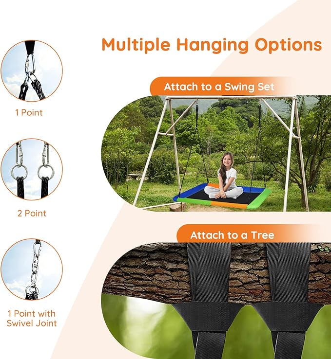 Costzon 700lb Giant 60'' Platform Tree Swing for Kids and Adults, Wear- Resistant Indoor/Outdoor Rectangle Swing with Durable Steel Frame and 2 Hanging Straps for Porch, Backyard (Multicolor)