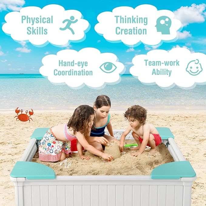 HONEY JOY 12.5 Kids Sandbox with Cover, 48 x 48 Inch Large HDPE Pit for Backyard, 4 Corner Seats & Bottom Liner, Sand Protection, All Weather Resistant Sand Boxes for Kids Outdoor (White)
