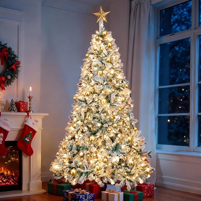 HOTEAGLE 7.5FT Prelit Artificial Christmas Tree, Snow - Dusted Pencil Tree with 400 UL Listed Multicolored Lights for Indoor Home & Office Christmas Decoration (50 * 50 * 90in)