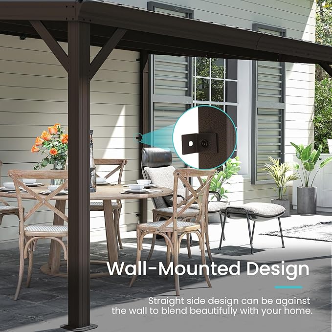 Domi 10' x 14' Lean to Gazebo, Wall Mounted Gazebos Pergola with Built in Drainage System, Galvanized Steel Roof, Hardtop Patio Shelter for Deck, Porch, Backyard and More,Brown