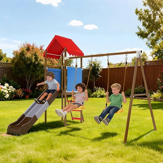 Beach Swing Set for Outdoor Playset with Slide, – Durable and Safe Outdoor Play Equipment with Swing Set and Belt Swings, Rock Climbing Ladder & Shaded Fort