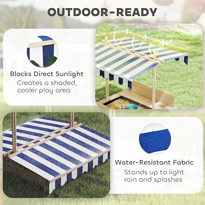 Outsunny Wooden Sandbox with Lid, Kids Sandbox with Canopy Outdoor, Sand Box with Foldable Bench Seats and Sand Protection, Bottom Liner Included, Kids Gift for Aged 3-7, 47X47 in, Natural
