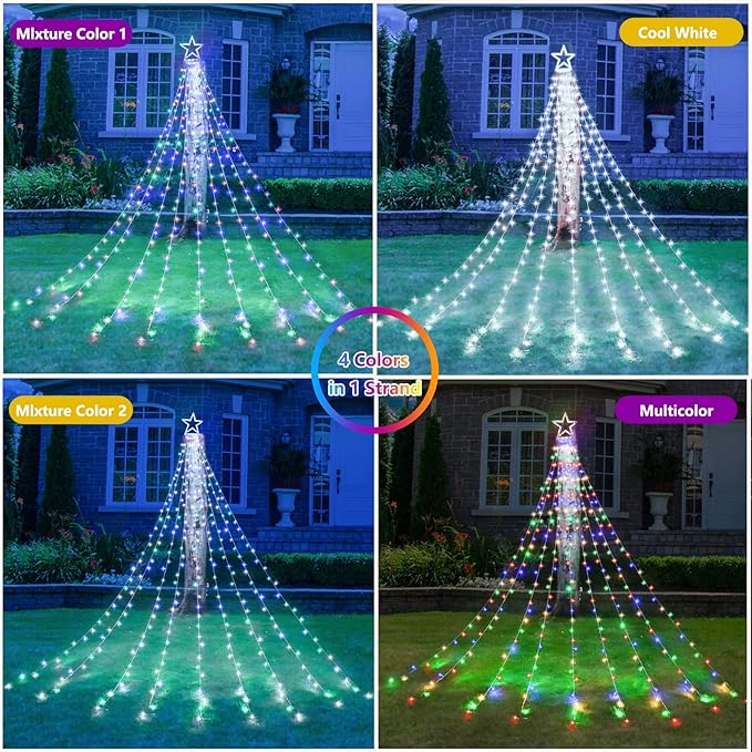 Decute Outdoor Christmas Decorations Star String Lights Color Changing Timer with Remote, Waterproof 320 Led Tree Toppers Fairy Lights for Yard Garden Backyard Holiday Decor Cool White + Multi-Color